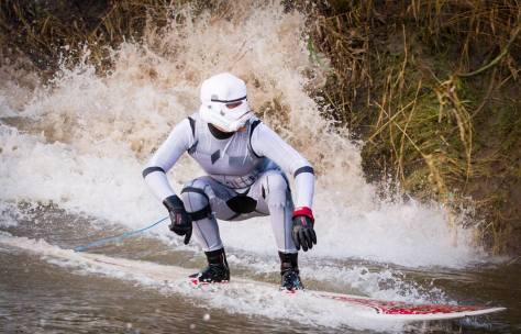 Stormtrooper surfer on the Severn Bore