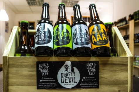 Cardiff, United Kingdom, November 26 2015. Products on display at the Crafty Devil's Cellar, Canton, Cardiff, Wales.