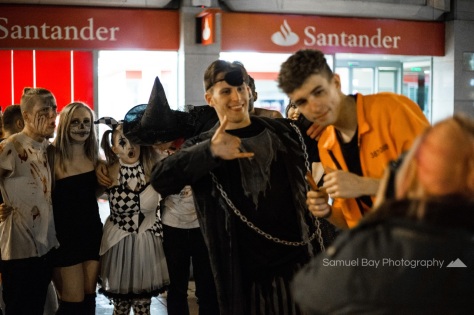 Revellers in fancy dress pose for a photo during Hallowe'en celebrations- 1st November 2016 - Queen Street Cardiff, United Kingdom. ©Samuel Bay
