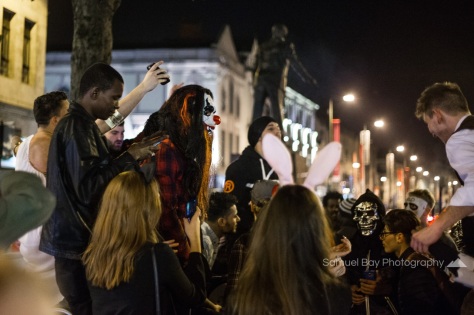 Revellers dance to the music during Hallowe'en celebrations- 1st November 2016 - Queen Street Cardiff, United Kingdom. ©Samuel Bay