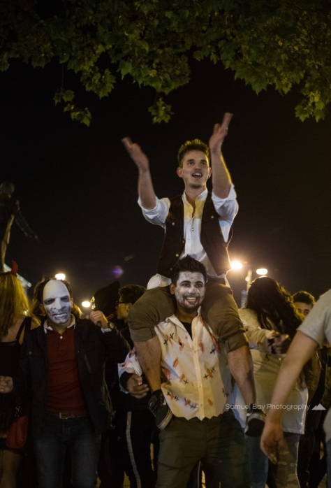 Revellers dance to the music during Hallowe'en celebrations- 1st November 2016 - Queen Street Cardiff, United Kingdom. ©Samuel Bay