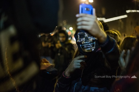 A person in fancy dress takes a moment to pose for a selfie- 1st November 2016 - Queen Street Cardiff, United Kingdom. ©Samuel Bay